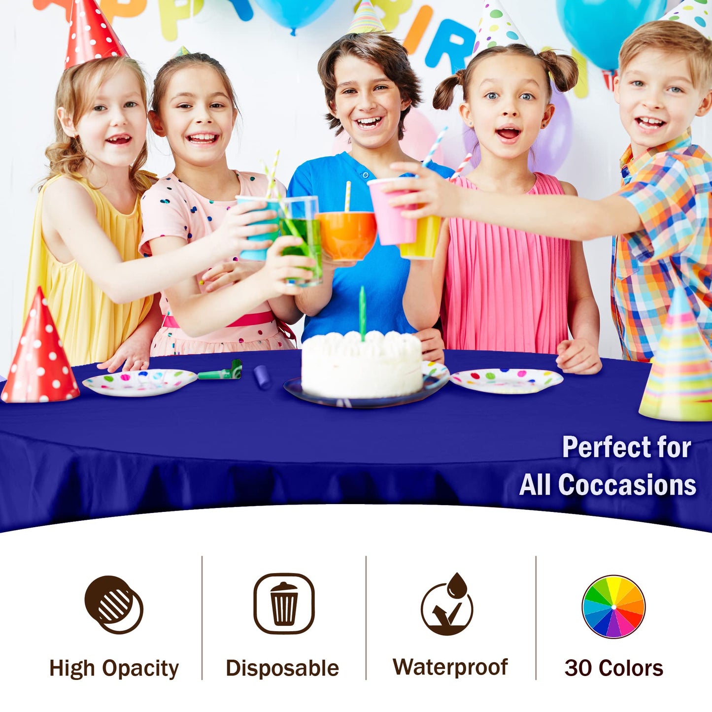 Party Solids Pack Of 6 Premium Plastic Tablecloth 84 Inch Round Plastic Table Cover - Navy