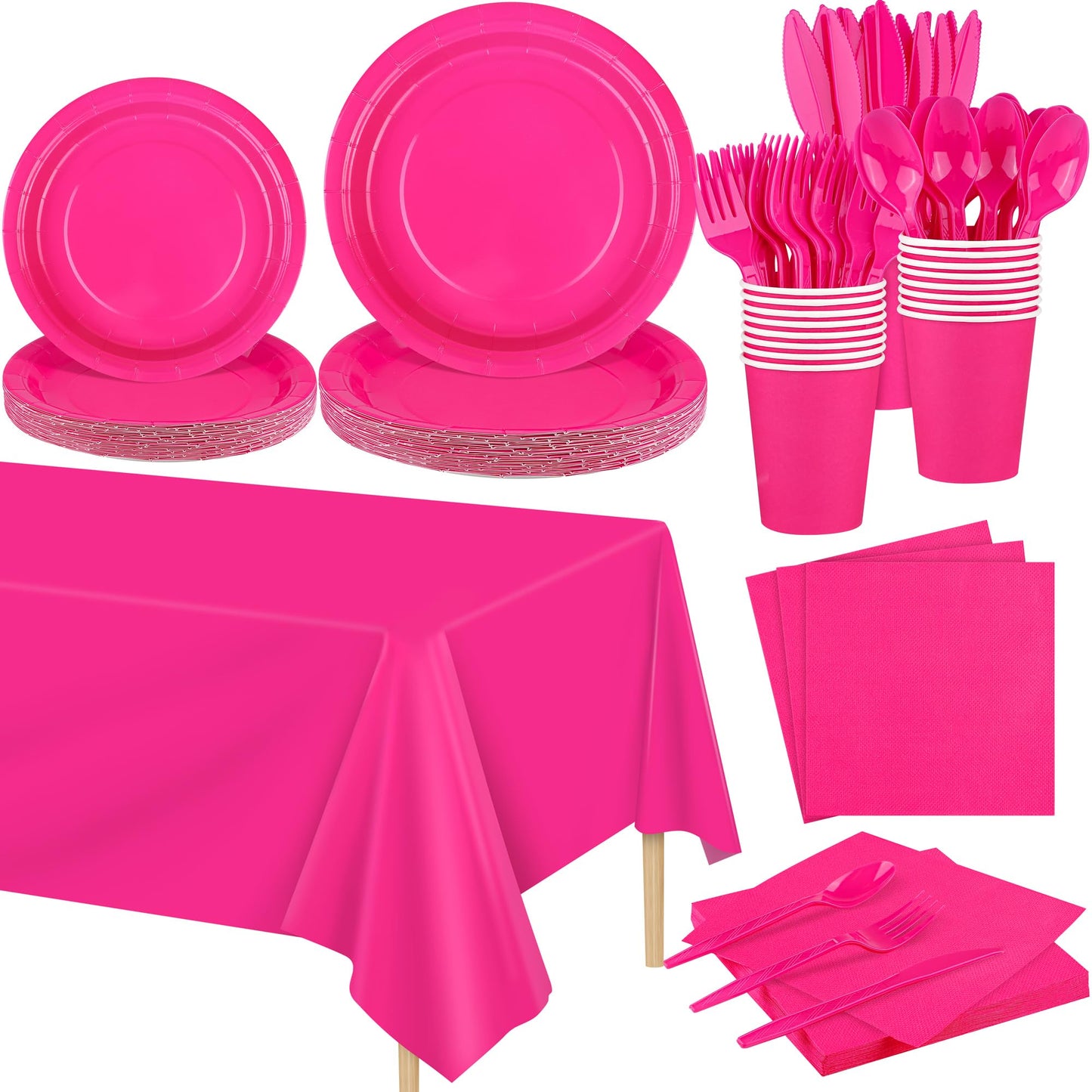 Kochorie 169 Pieces Hot Pink Party Supplies Disposable Dinnerware Set Include Plates and Cups Napkins Plastic Forks Knives Spoons Tablecloth for Wedding Birthday Party Decorations, Serve 24 Guests