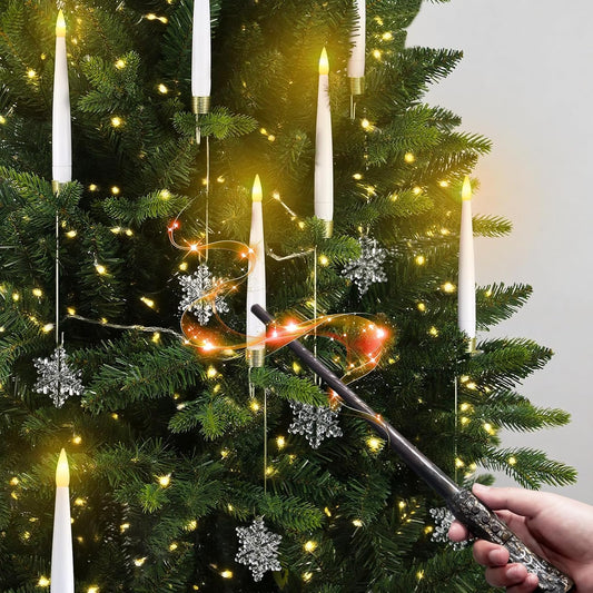 Flameless Christmas Tree Candles - 12 Pack LED Flickering Battery Operated Decor with Magic Wand & Snowflake Design