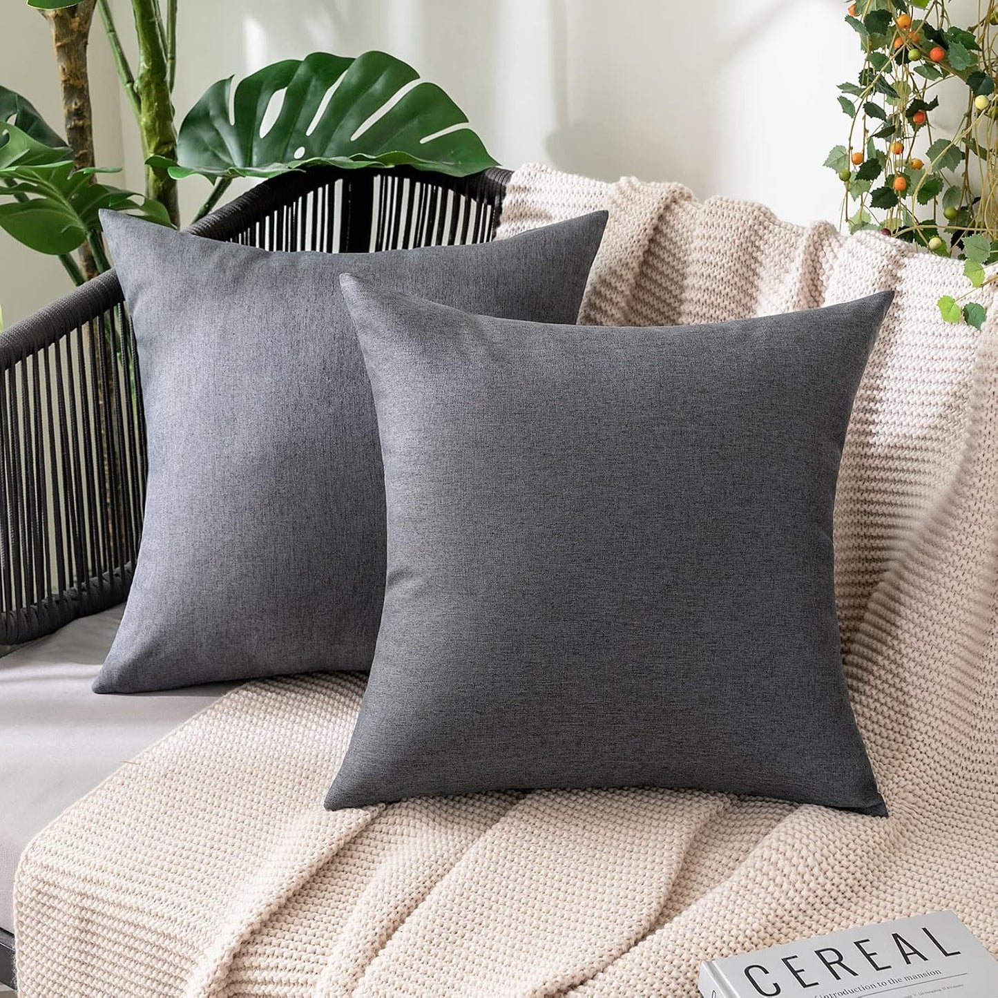 MIULEE Decorative Outdoor Throw Pillow Covers - Waterproof Faux Linen Cushion Cases | 22x22 Inch Dark Grey (Pack of 2)