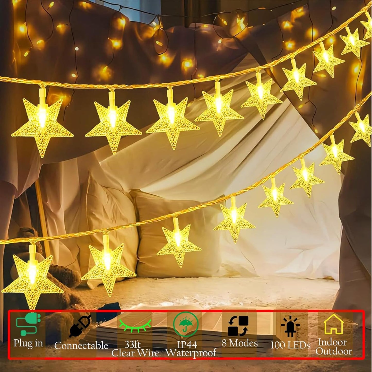 Plun Fairy Star String Lights - 100 LED Waterproof Twinkle Lights with 8 Modes | Warm White for Indoor & Outdoor Decor