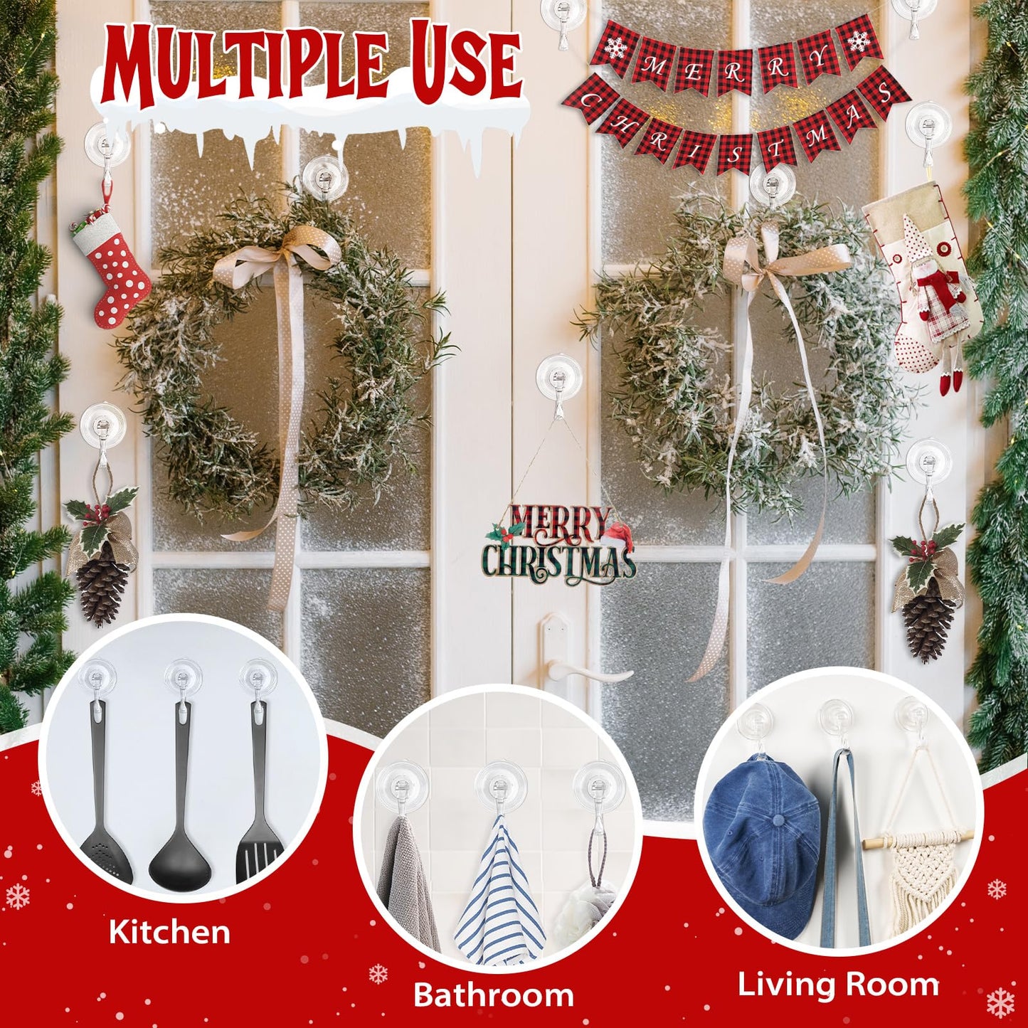 Ficrfart Wreath Hanger – Large Clear Suction Cup Hooks, Heavy Duty 22 LB Capacity, Removable Reusable, 2 Pack
