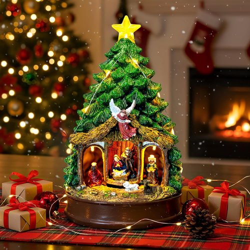 Candieslife Musical Christmas Tree - Rotating Nativity Scene with LED Star Light | Tabletop Holiday Decor