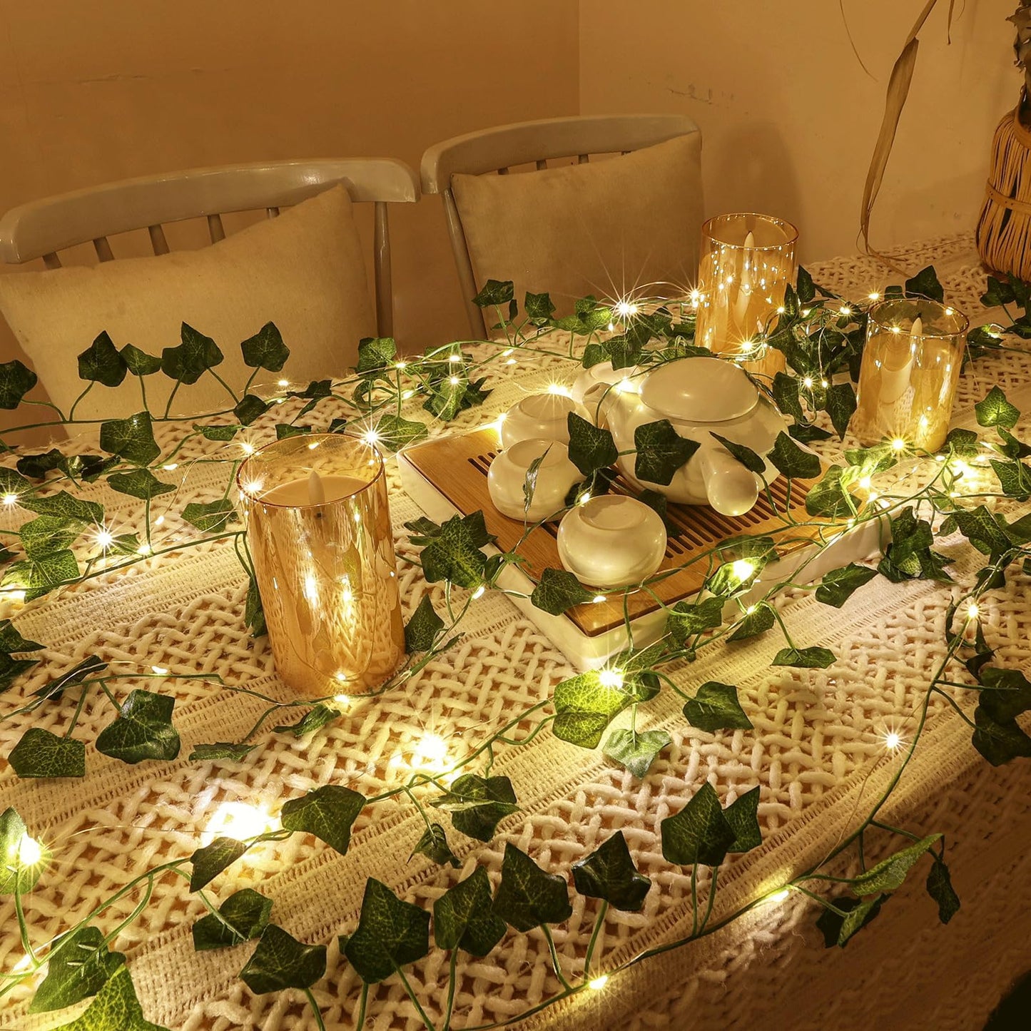 NWLIGHT Vine with Fairy Lights, 2 Pack 40LEDs Vine Lights Green Ivy Vines String Lights Battery Operated, Artifical Garland Leaf with Fairy Light for Bedroom Dorm Wall Decor