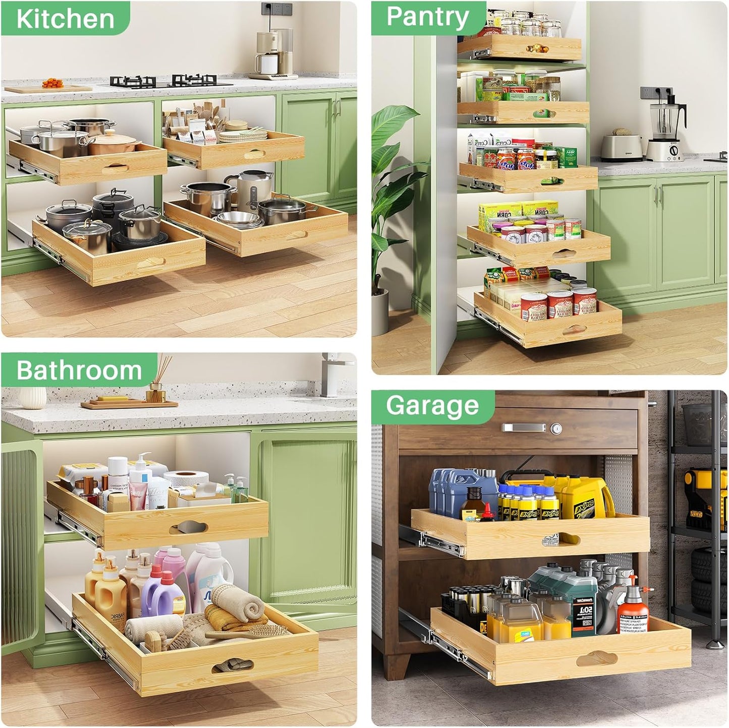 Skiennix Pull Out Cabinet Organizer - Soft Close Wooden Slide Out Drawers for Kitchen | 15"W x 21"D x 3.4"H