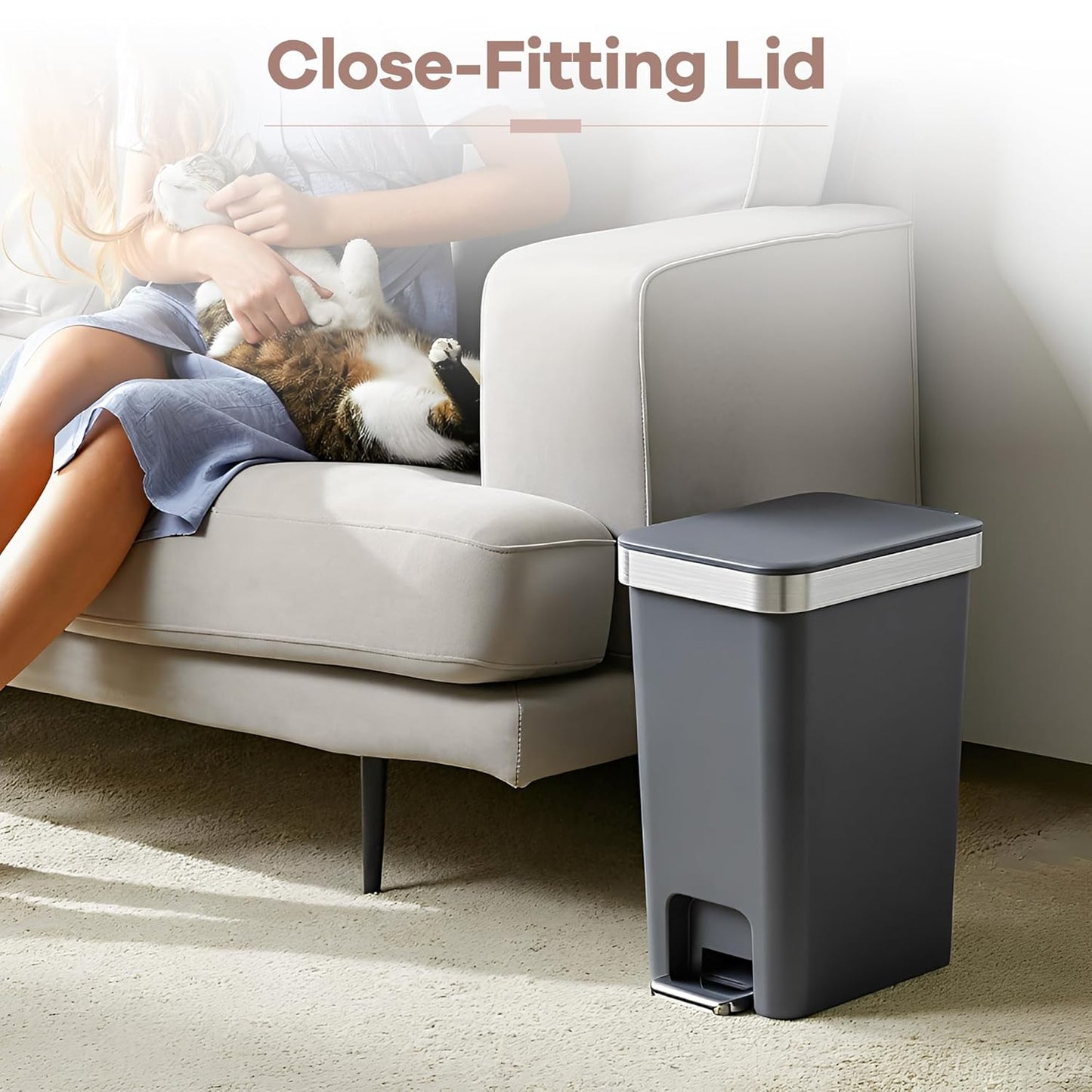 Skiennix Small Bathroom Trash Can - Soft Close Lid, 10L Slim Metal Waste Basket | Dark Gray