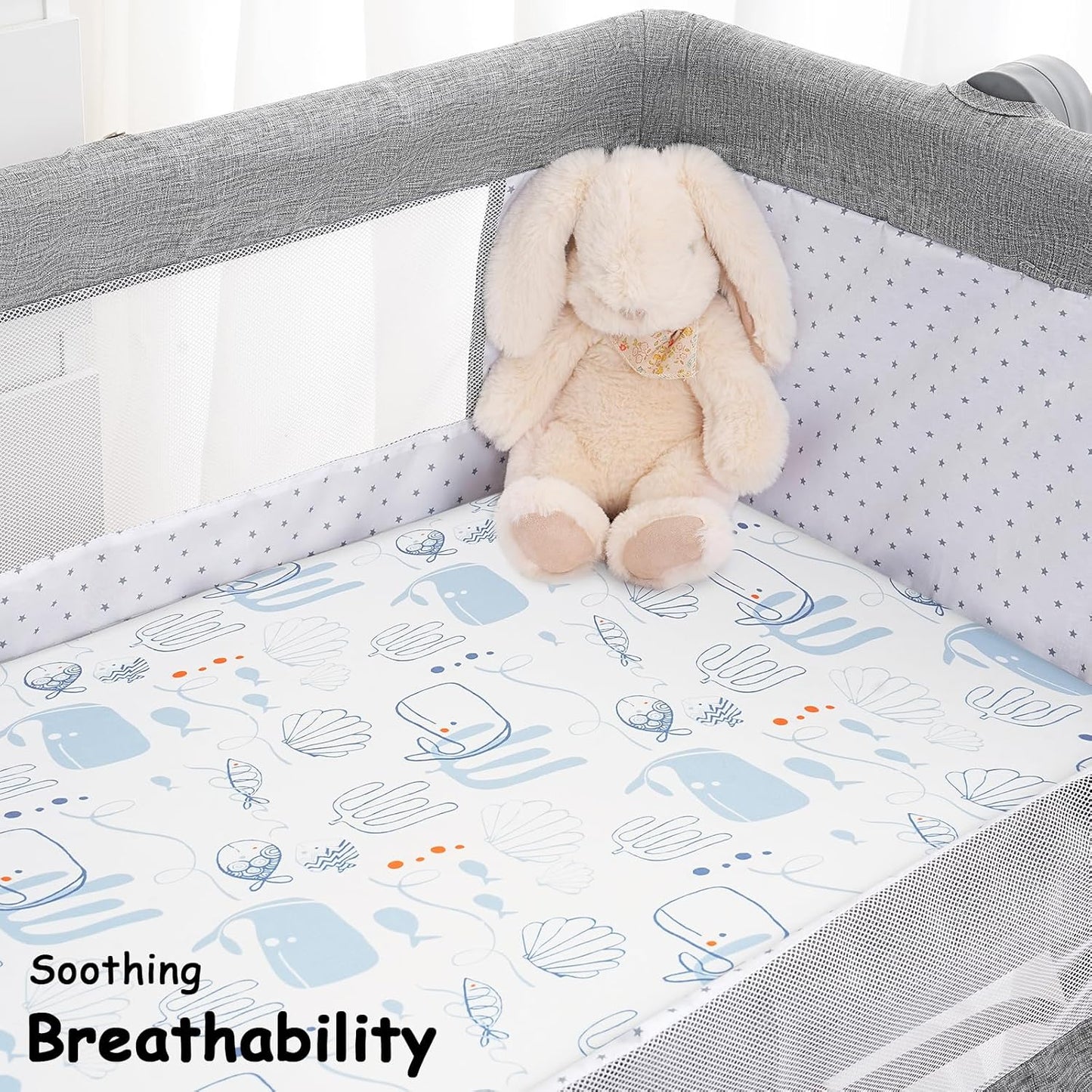 Yoofoss Bassinet Sheets - 3-Pack Fitted Sheets for Halo Bassinest & More | Soft Breathable Design (Blue & Seahorse)