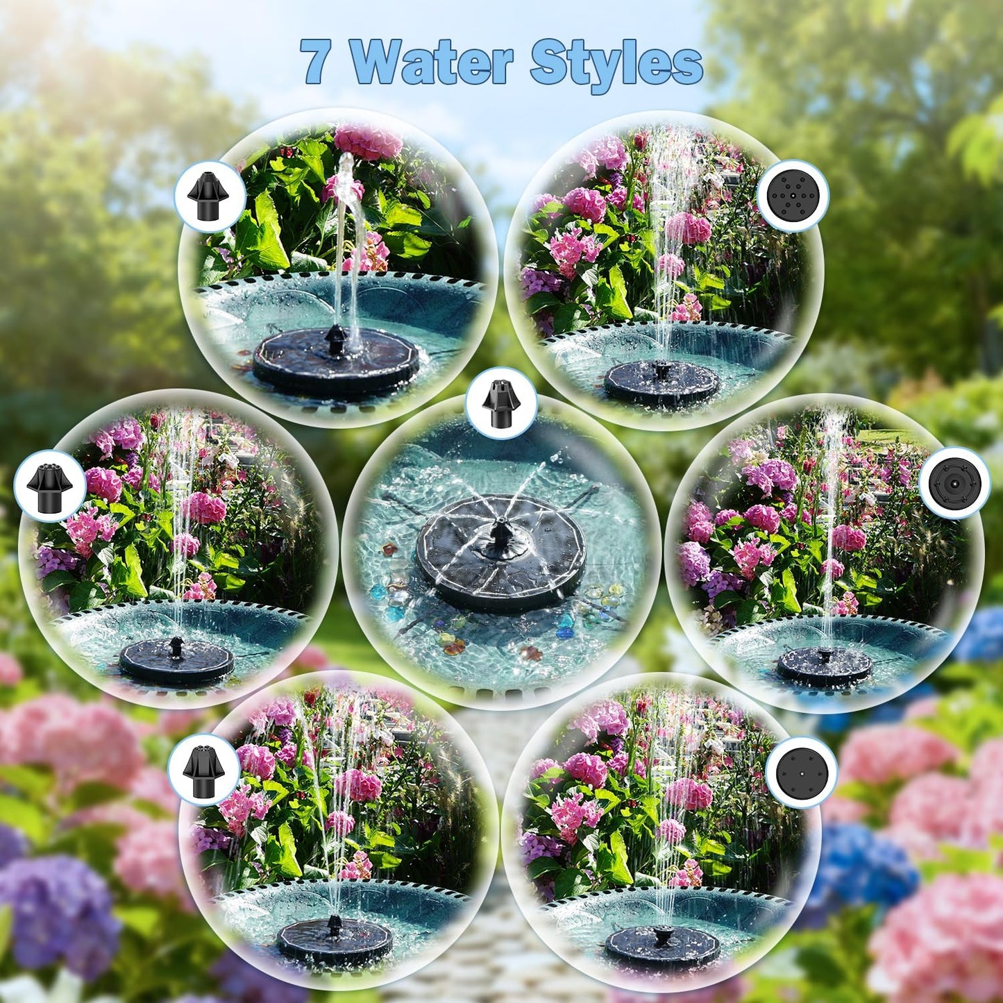 Yzert Solar Fountain - 3-Level Adjustable Water Height & 7 Nozzles | 2000mAh Battery for Garden & Pond