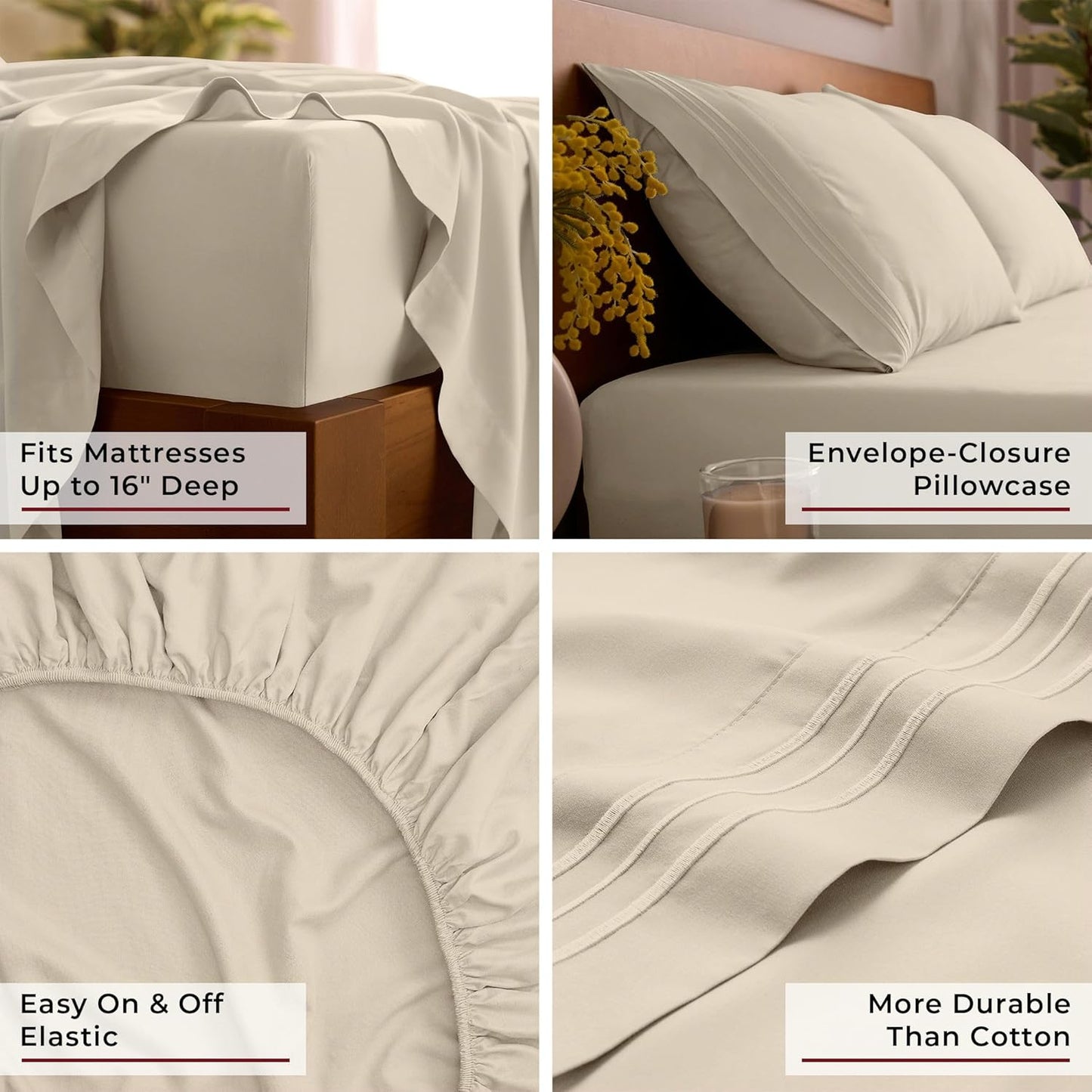 Mellanni Full Sheets Set - 4 PC Hotel Luxury Bedding | Extra Soft, Cooling, Wrinkle-Resistant (Beige)