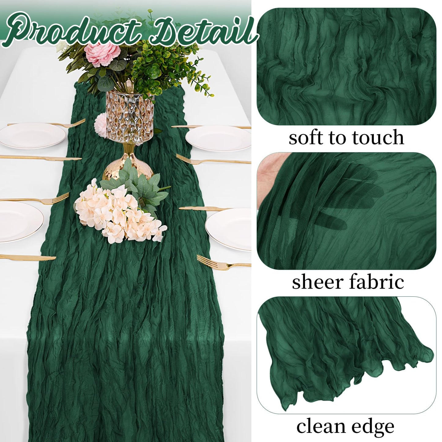 8 Pack Emerald Green Cheesecloth Table Runners 20x120 Inch Gauze Table Runner Cheese Cloth 10FT Green Table Runner Rustic Sheer Runner for Wedding Baby Shower Birthday Party Table Decor