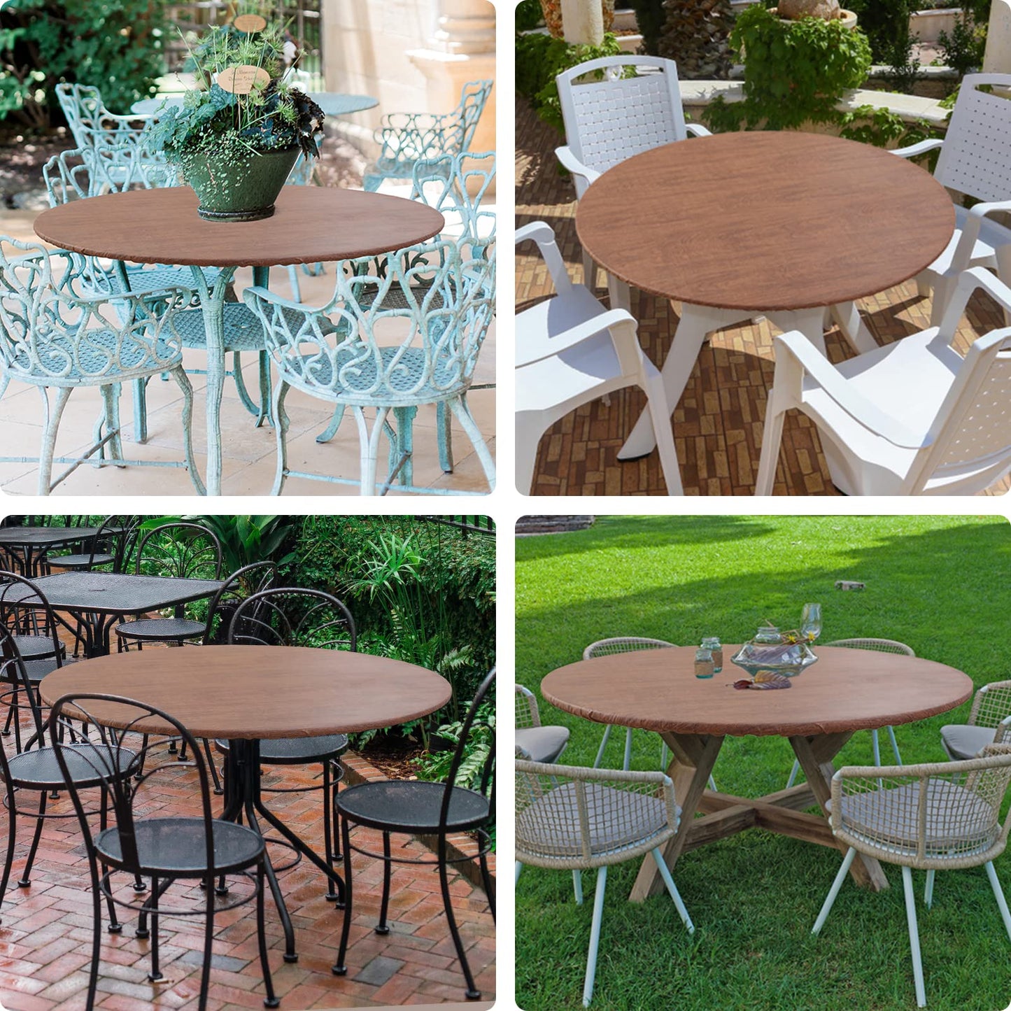 misaya Round Fitted Tablecloth with Elastic Edge, 100% Waterproof Oil Proof Plastic Table Cover, Vinyl Flannel Backed Tablecloth Fits 36"-44" Round Tables for Dinner, Outdoor, Picnic, Oak Wooden Grain