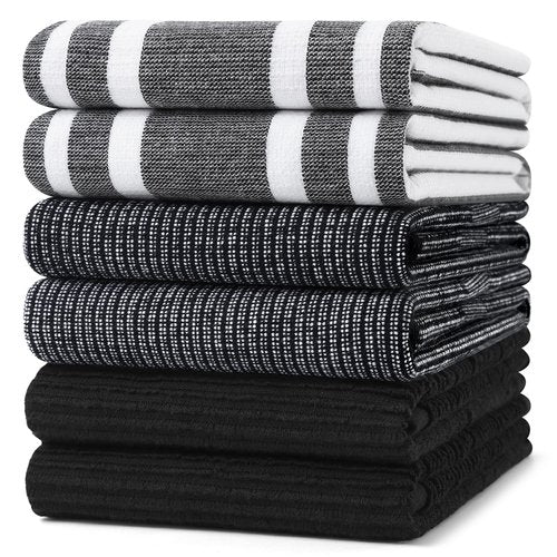 Homaxy Premium Kitchen Towels(18”x 28”, 6 Pack), Large Cotton 380 GSM Kitchen Hand Towels, Soft and Absorbent Terry Dish Towels, Multipurpose Tea Towel Set with Hanging Loop, Black