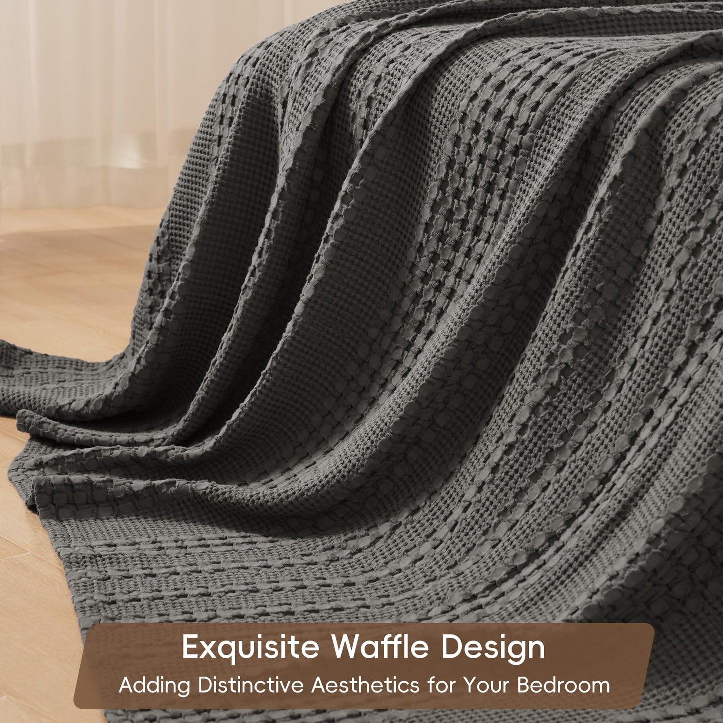 PHF 100% Cotton Waffle Weave Blanket Queen Size, Soft Lightweight Breathable Cozy Summer Blankets for Bed, Luxury Aesthetic Woven Bedding for Home Decor, 90"x90", Charcoal Grey
