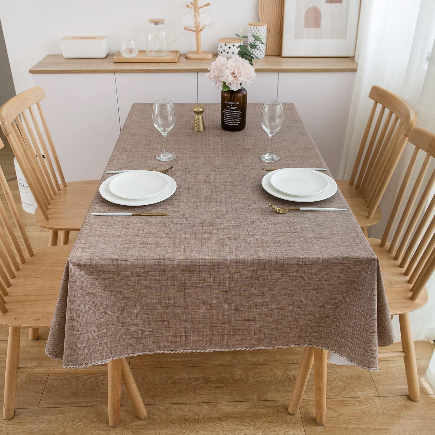 Pioggia Vinyl Tablecloth with Flannel Backing Rectangle Waterproof Oil-Proof Plastic Table Cloth Wipeable PVC Table Cover for Indoor and Outdoor (Linen, 60 x 102 Inch)
