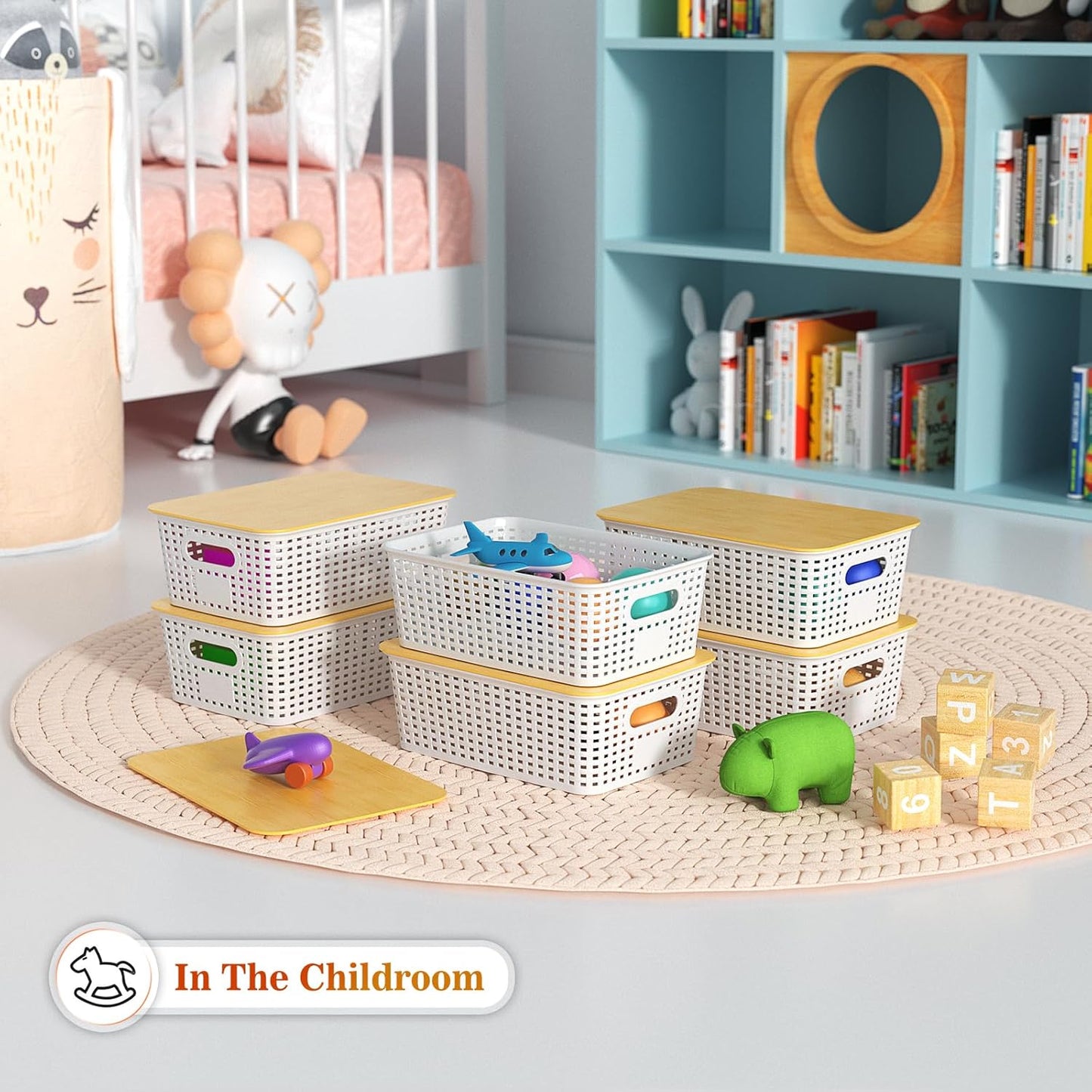 Ohmlove Plastic Storage Baskets - Stackable Containers with Bamboo Lid for Organizing | 6 Pack