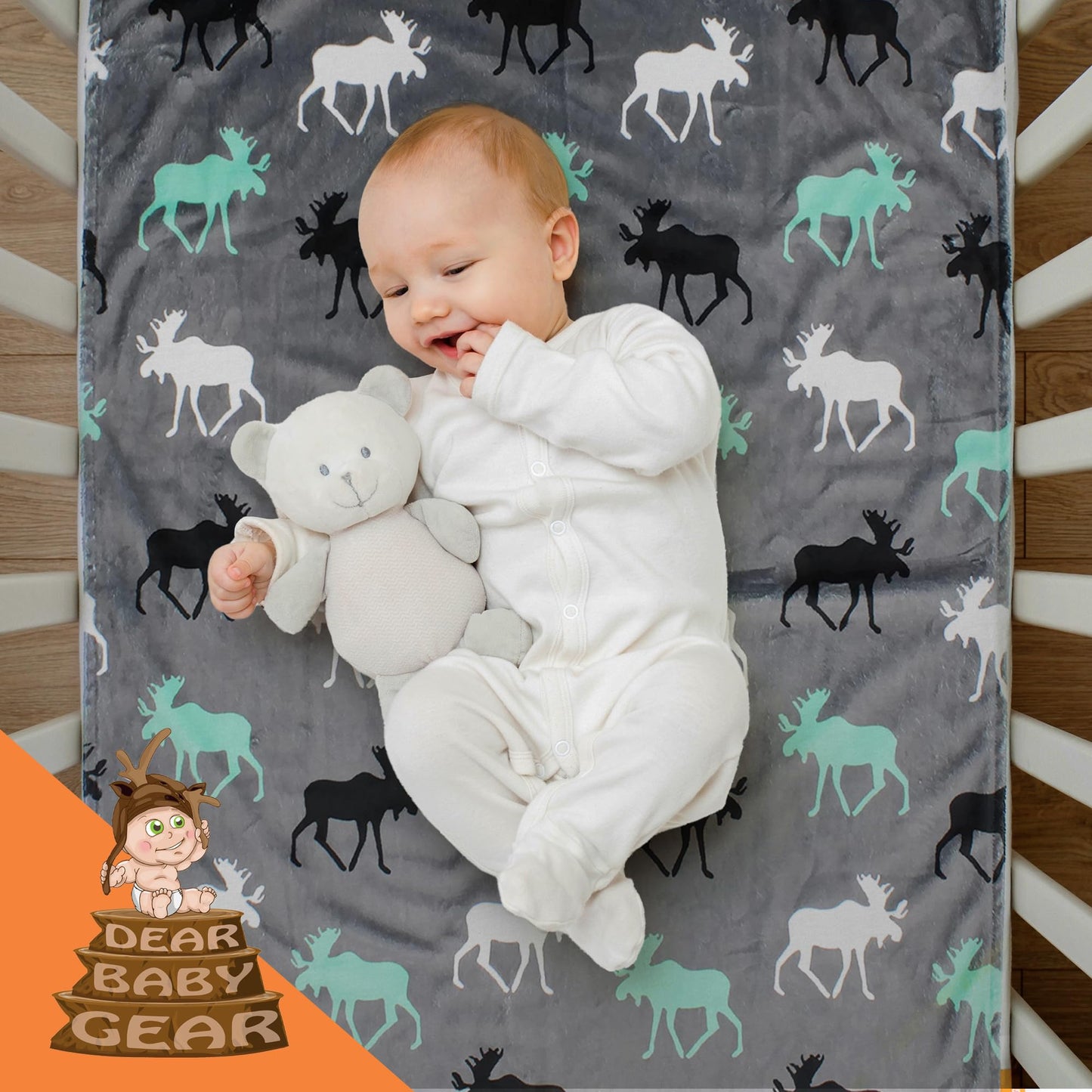 Dear Baby Gear - Reversible Baby Blankets - Soft Nursery Blanket for Newborn - Toddler Blankey - Throw Blanket for Boys & Girls - Infant Blankets - 40x30" (White Gray and Mint, Moose)
