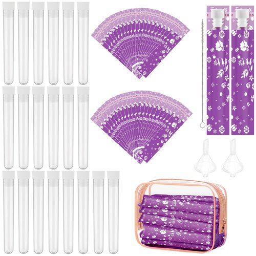 64 Pcs Tampon Flasks Set Includes 20 Reusable Plastic Flasks, 40 Self Adhesive Wrappers, 2 Funnels, Clear Storage Bag, Clean Brush, Tube Flasks for Cruise Event, Concert, Outdoor Sports (Purple)