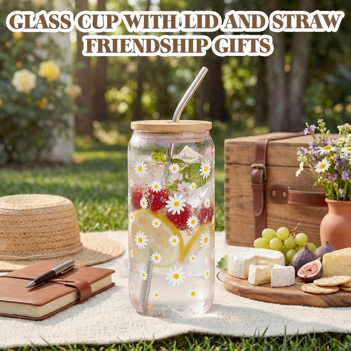 MUGIQUE Birthday Gifts for Women, Birthday Gift Basket with Glass Cup, Happy Birthday Gift Box for Women Teen Girl, Gifts for Sister Daughter Best Friend, Self Care Gift Set, White Daisy