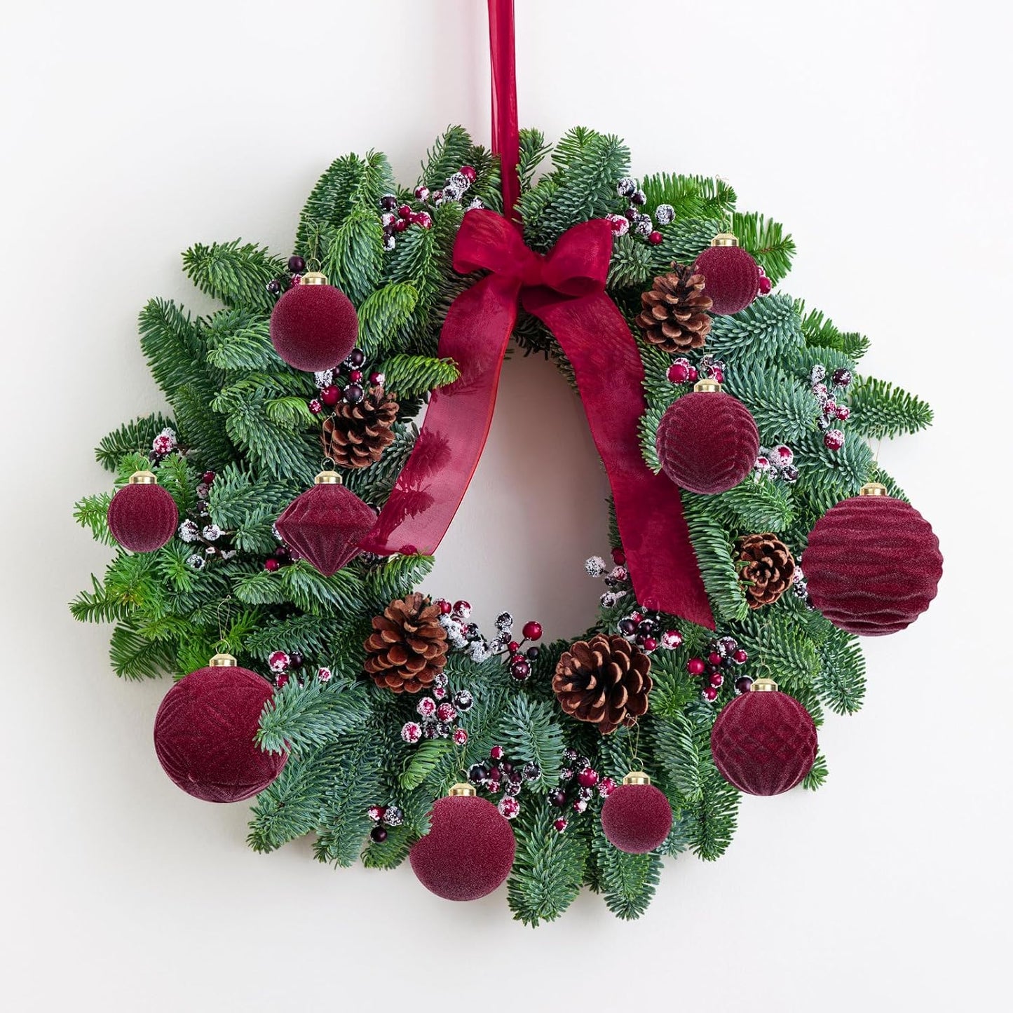 Skiennix Velvet Christmas Ornaments Set - 35PCS Flocked Shatterproof Hanging Decorations | Burgundy