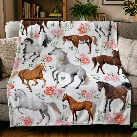 Horse Blanket Gifts for Girls Women,Ultra Soft & Lightweight & Cozy & Breathable Floral Flower Flannel Throw Blanket Farmhouse Decor,Gifts for Horse Lovers,40"x50"-for Kids/Throw Size