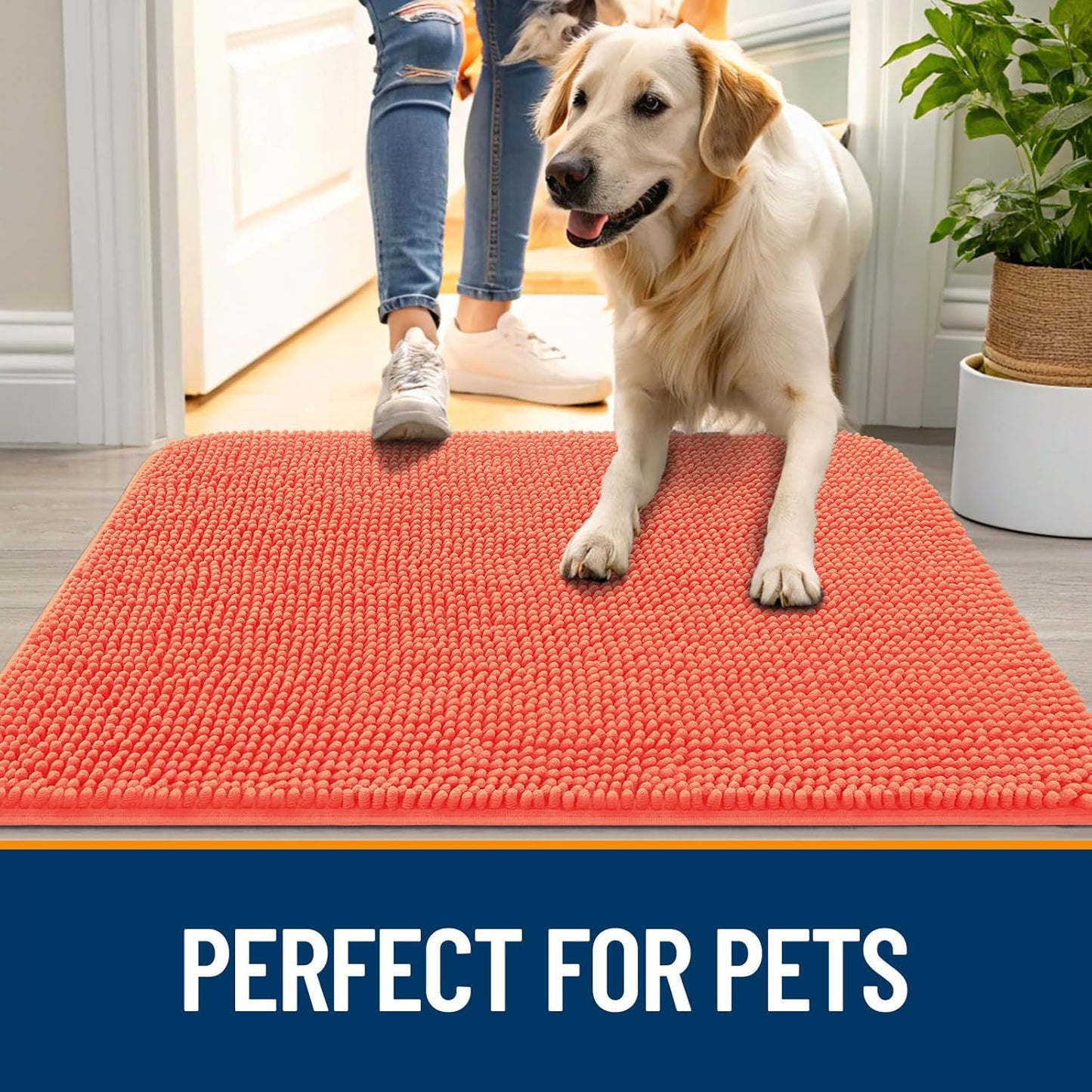 OLANLY Dog Door Mat - Absorbent Non-Slip Washable Chenille Mat for Muddy Paws | 47x24 Coral
