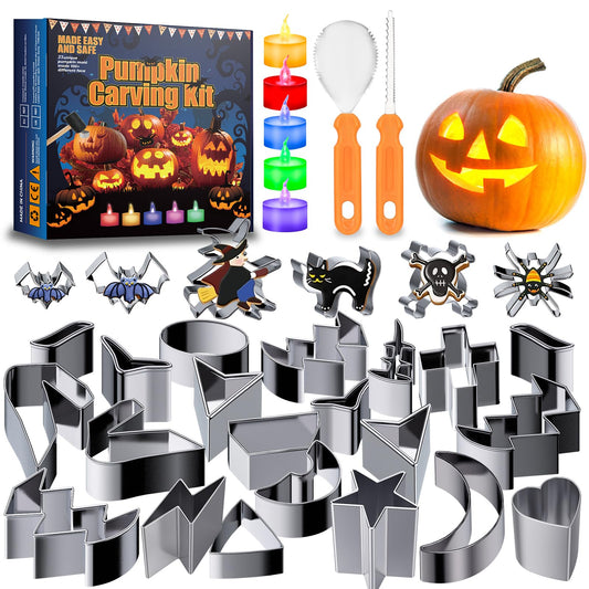 Pumpkin Carving Tools for Kids, All in One 30Pcs Halloween Pumpkin Carving Kit, Easy and Safe Pumpkin Carving Stencils Cookie Cutters, with 5 Color Candle Lights, Stainless Steel