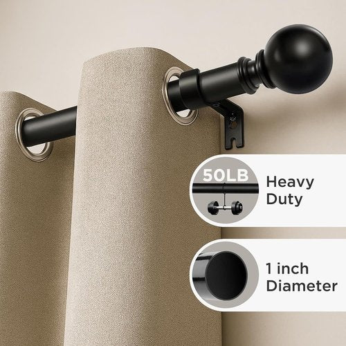 Joydeco Black Curtain Rods - Heavy Duty Adjustable Design for Windows 32 to 120 Inches | 1 Inch Diameter