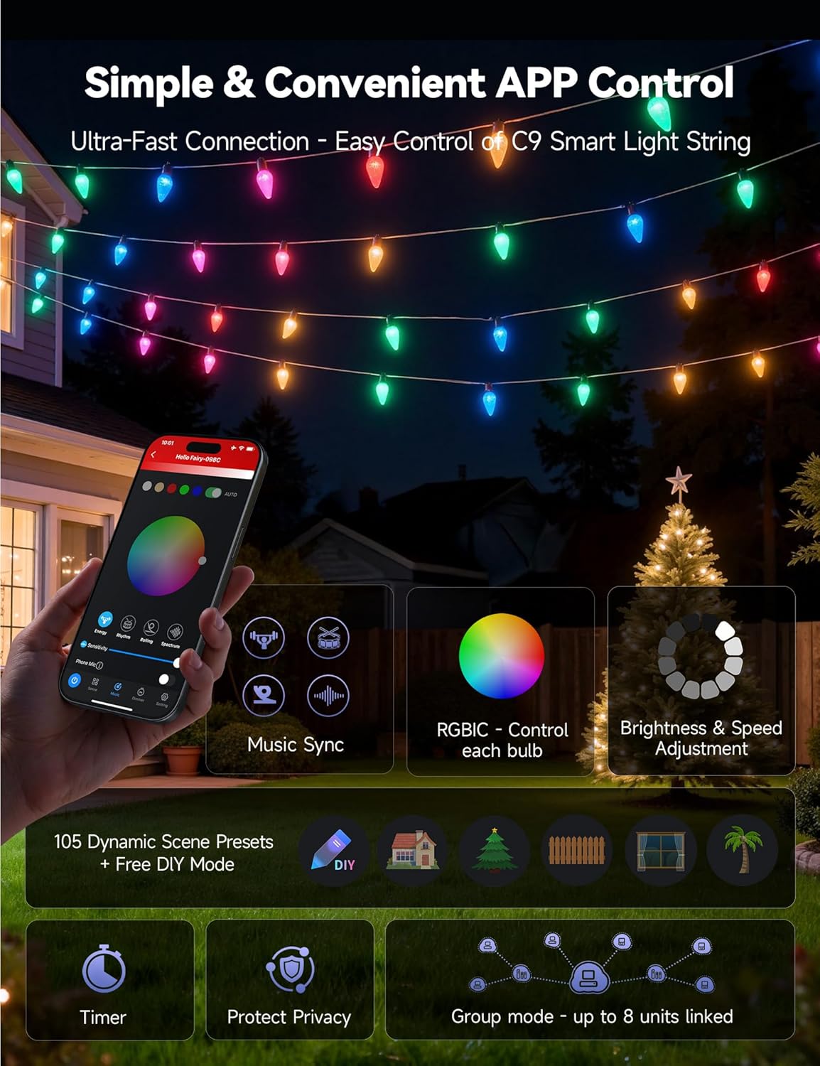 Minetom Smart C9 Christmas Lights - 100 LED Color Changing Fairy Lights | App Control & Music Sync, 99FT