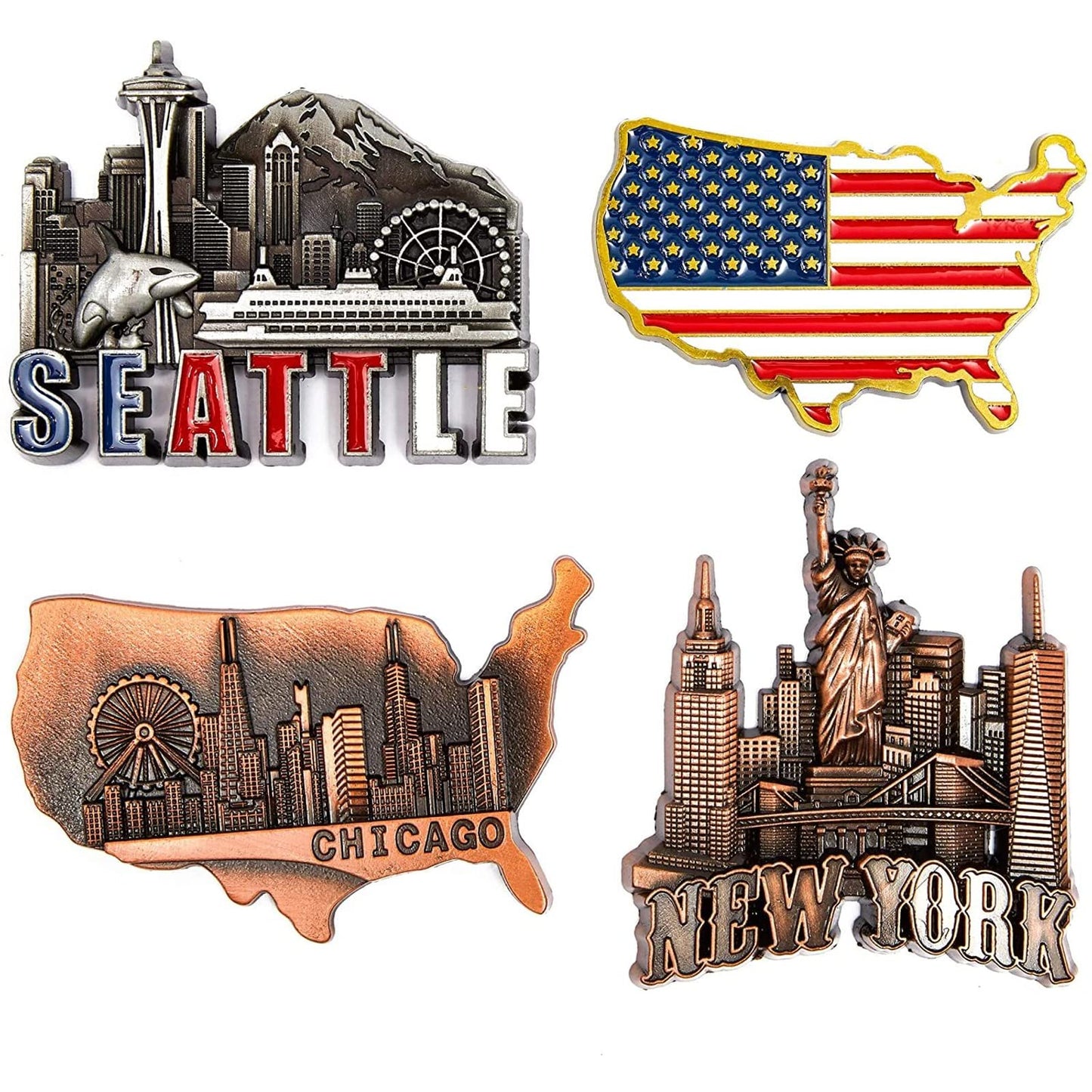 Juvale USA Magnets for Refrigerator 4-Pack - Multi-Color State Designs for Fridge - Chicago Magnet & NYC Souvenir with Seattle & US Flag Icons - Strong Magnetic Backing420
