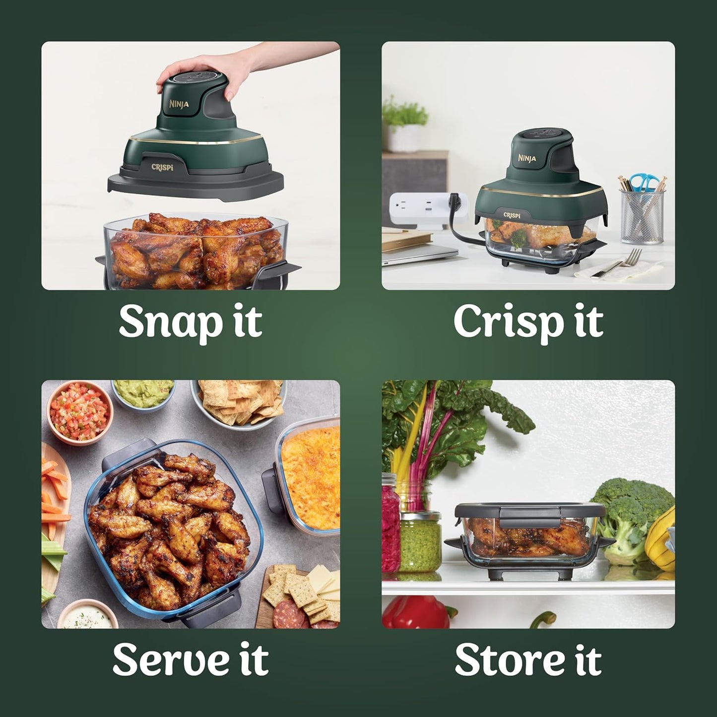 Ninja Crispi 5-in-1 Glass Air Fryer - 450°F, Nontoxic, 4QT & 6-Cup Containers | Dishwasher Safe, Max Crisp, Bake & More | Brit. Racing Green