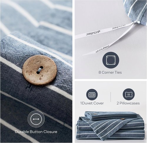 JELLYMONI Queen Size Washed Cotton Duvet Cover - Breathable Blue Striped Bedding Set with Button Closure | Includes 1 Duvet Cover & 2 Pillowcases