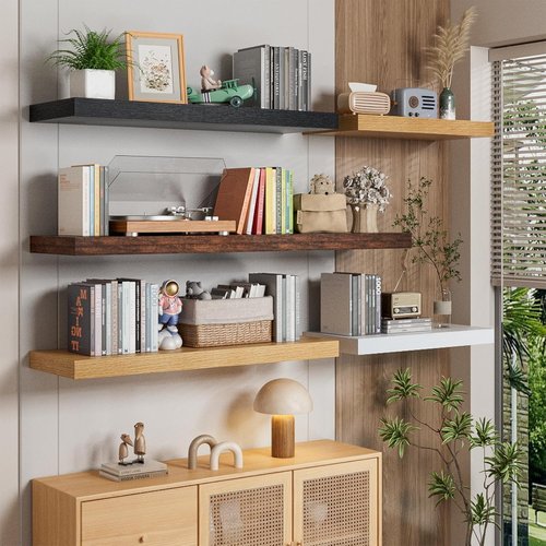 Heimlove Floating Shelves - Set of 2, 12-Inch Deep Wood Wall Shelves for Home Office & Living Room - Oak Finish