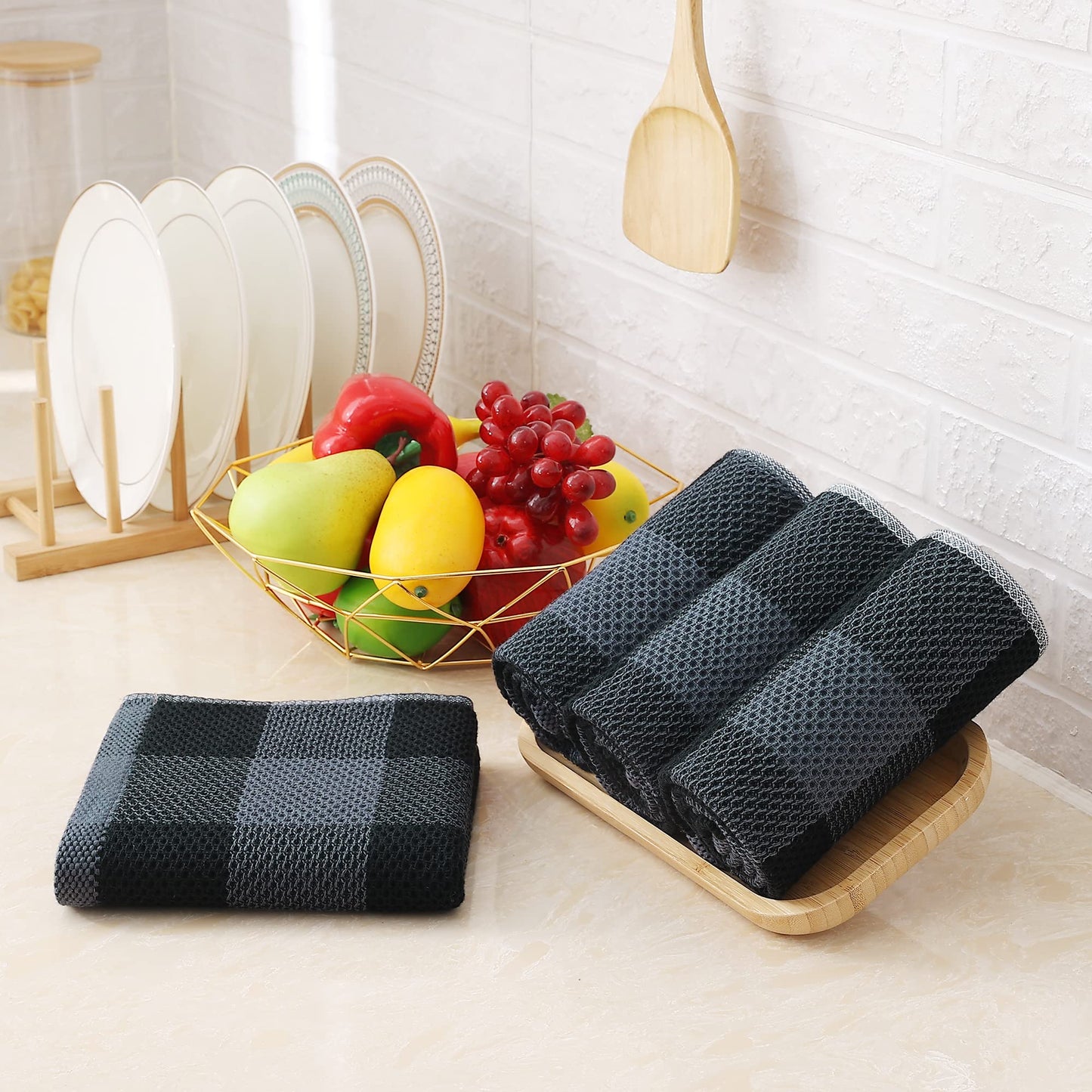 Homaxy 100% Cotton Waffle Weave Check Plaid Kitchen Towels, 13 x 28 Inches, Super Soft and Absorbent Dish Towels for Drying Dishes, 4-Pack, Black & Grey