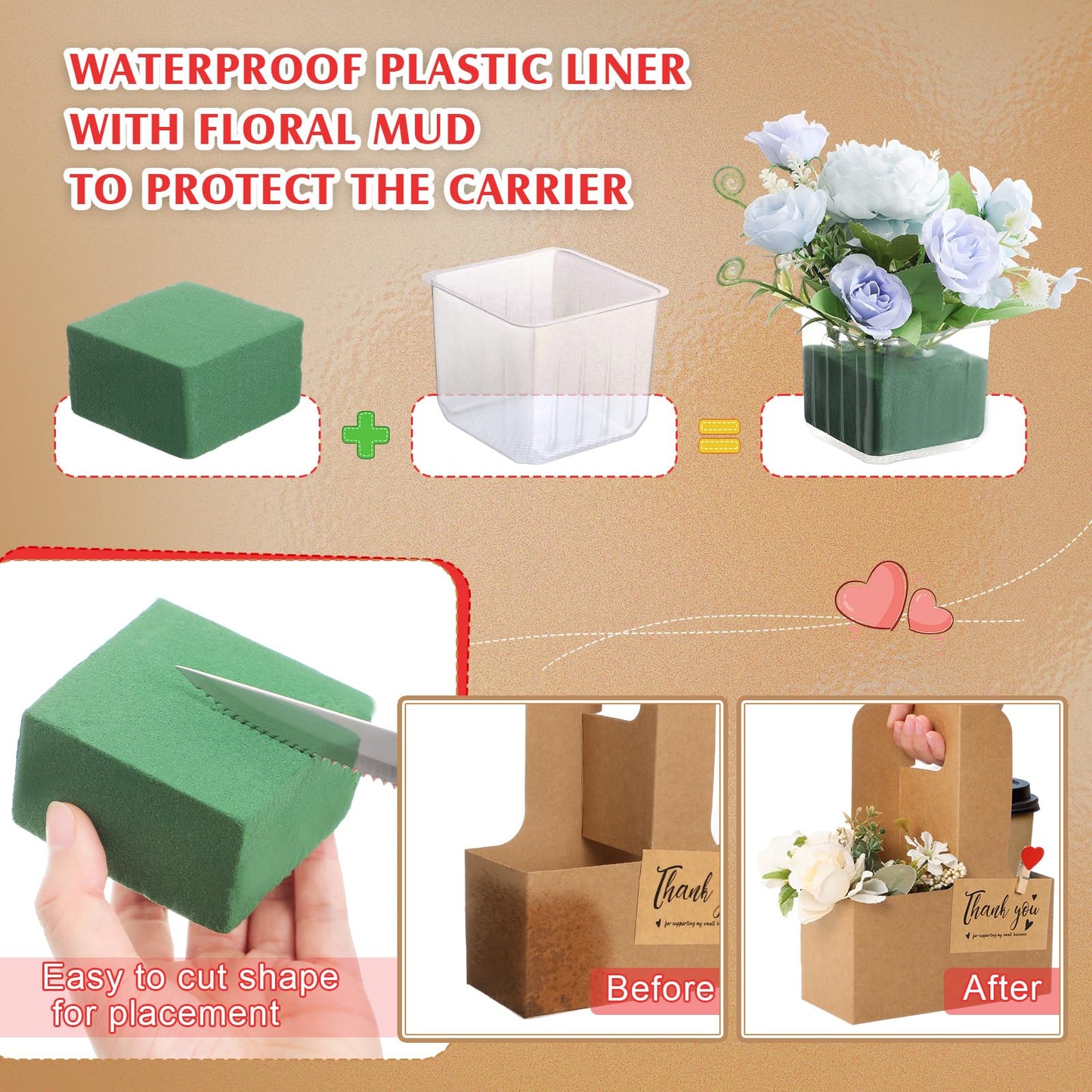 Chunful 15 Set 2 Cup Disposable Drink Carrier with Thank You Card for Graduation Teacher Gifts Flower Foam Plastic Liner Clip Cardboard Cup Holder with Handle for Hot Cold Drinks Wedding