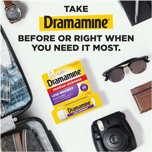Dramamine Motion Sickness Relief - Less Drowsy Travel Vial, 8 Count, Multicolor Options