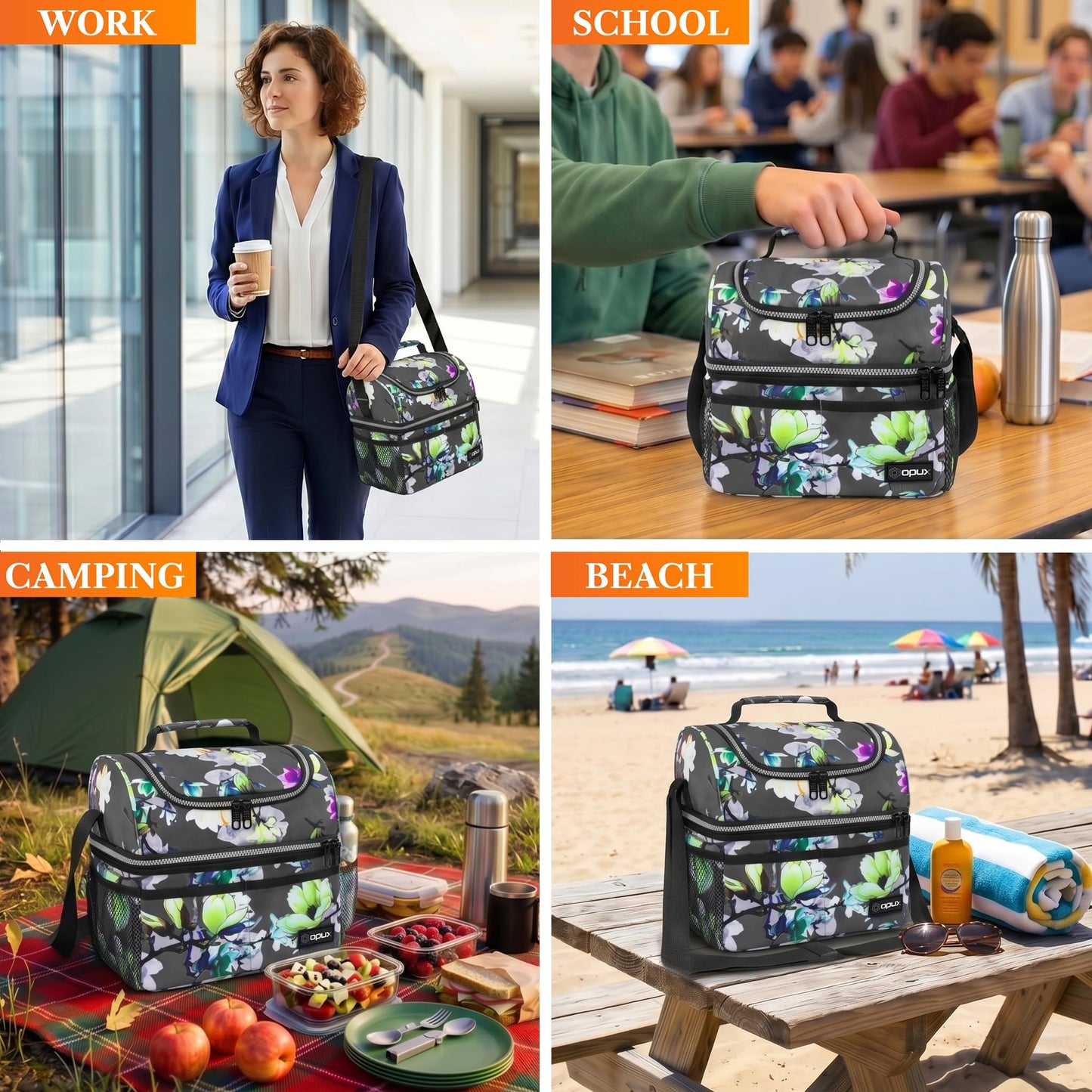 OPUX Insulated Lunch Bag for Women, Double Decker Leakproof Lunch Box Cooler Tote with Shoulder Strap, Large Lunchbox for Work School Travel Meal Prep, Adults Kids Men Girls Boys, Floral Gray, 16 Cans