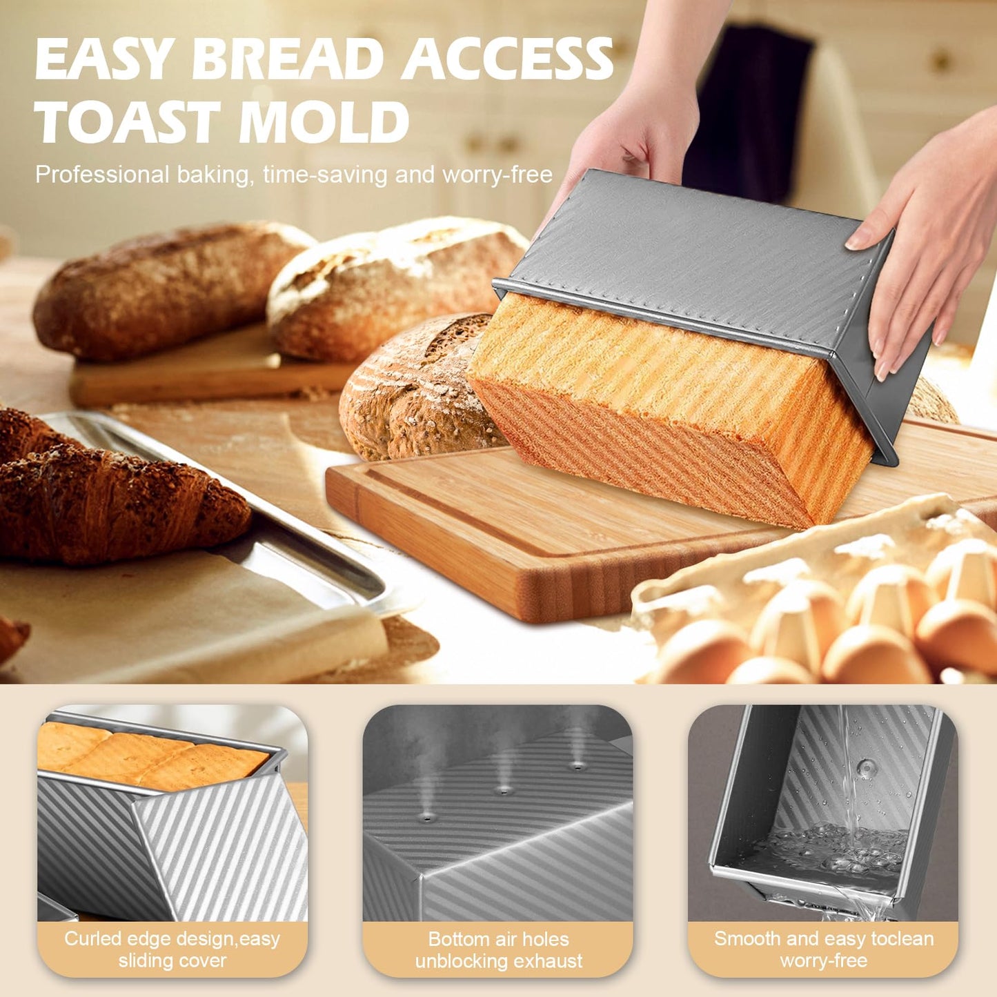 Dipanist 2.2lb Pullman Loaf Pan with Lid, Nonstick Carbon Steel Square Bread Pan for Baking Shokupan, Sandwich, Pain de Mie & Sourdough – Includes 6 Bonus Tools