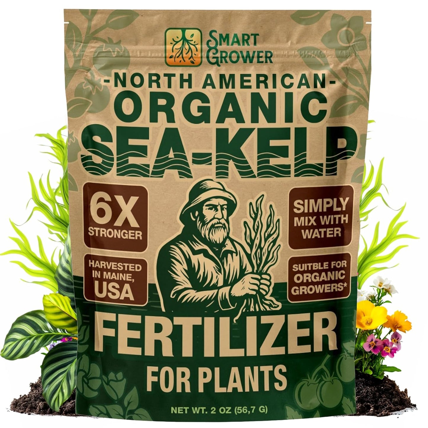 Smart Grower Organic Sea Kelp Fertilizer - Water-Soluble Plant Food for Indoor Gardens | 2oz Bag Makes 50 Gallons