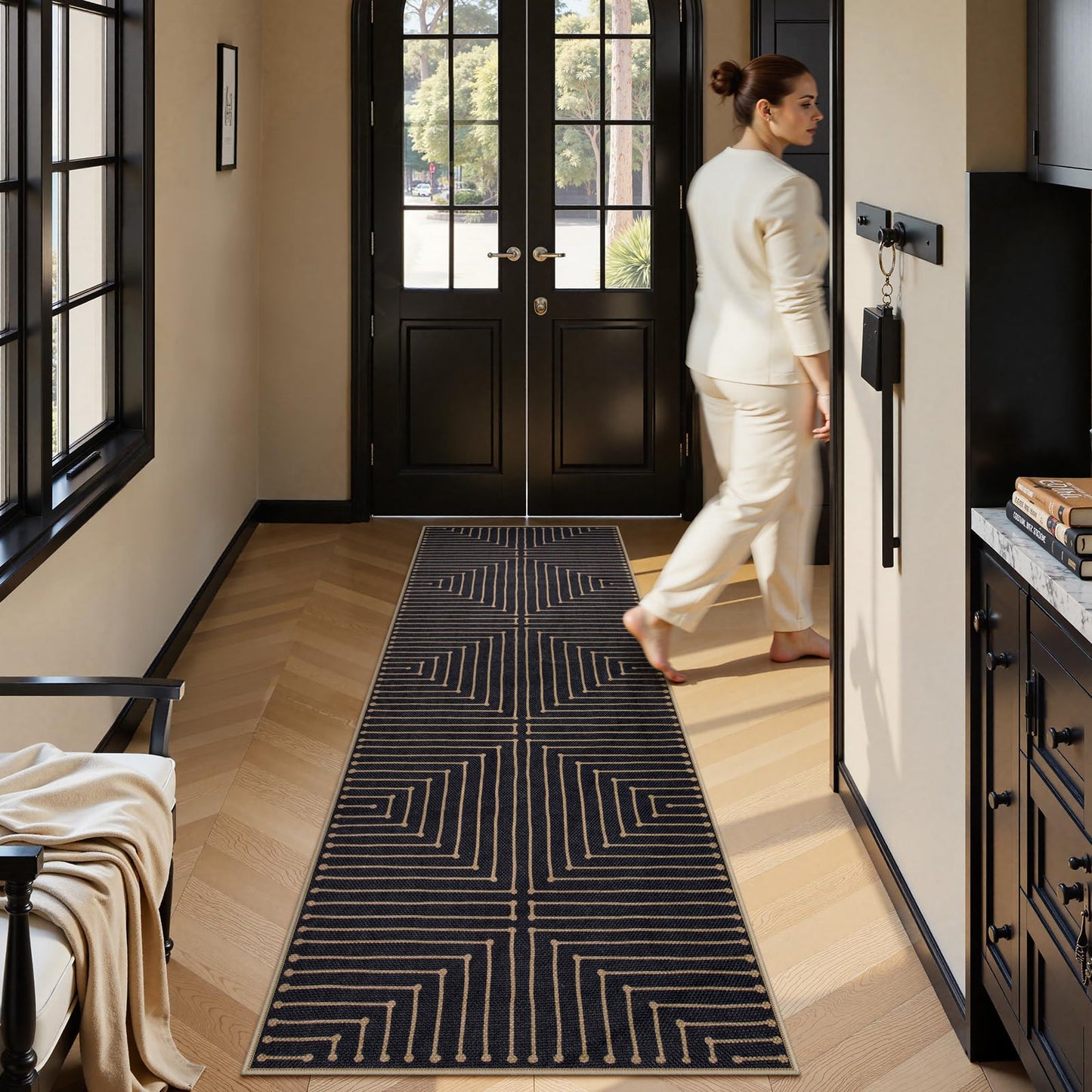 Lahome Neutral Geometric Kitchen Rugs, 2x8 Washable Entryway Hallway Runner Rug Non Slip, Farmhouse Rhombus Low Pile Non Shedding Black Indoor Outdoor Carpet Runner for Laundry Room