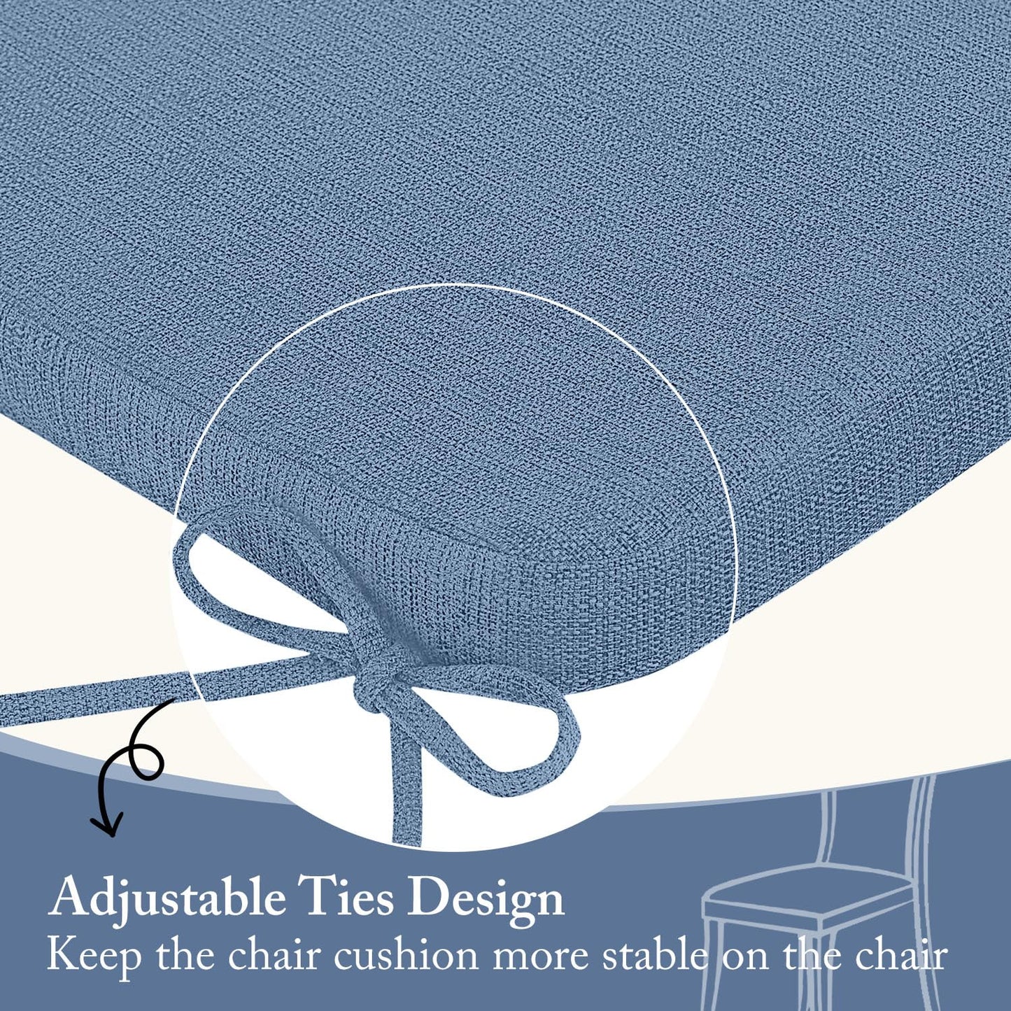 Cozyide Chair Cushions for Dining Chairs, Square Chair Pads with Ties and Non-Slip Bottom, Kitchen Chair Cushions 4 Pack, 16" x 16" x 2", Blue