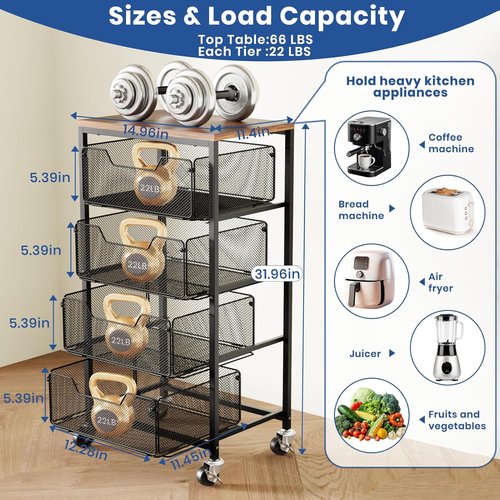 Goovilla Kitchen Cart - 4-Tier Metal Rolling Utility Organizer with Lockable Wheels & Wooden Top - Black