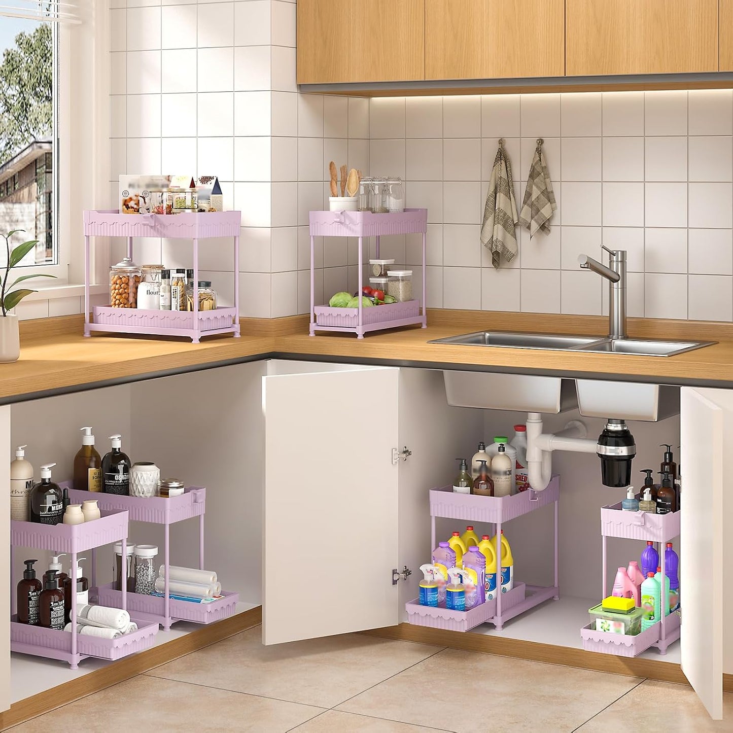 Sevenblue Under Sink Organizers - 2-Tier Kitchen & Bathroom Storage with Sliding Drawers | Pink, 12.8 Inch