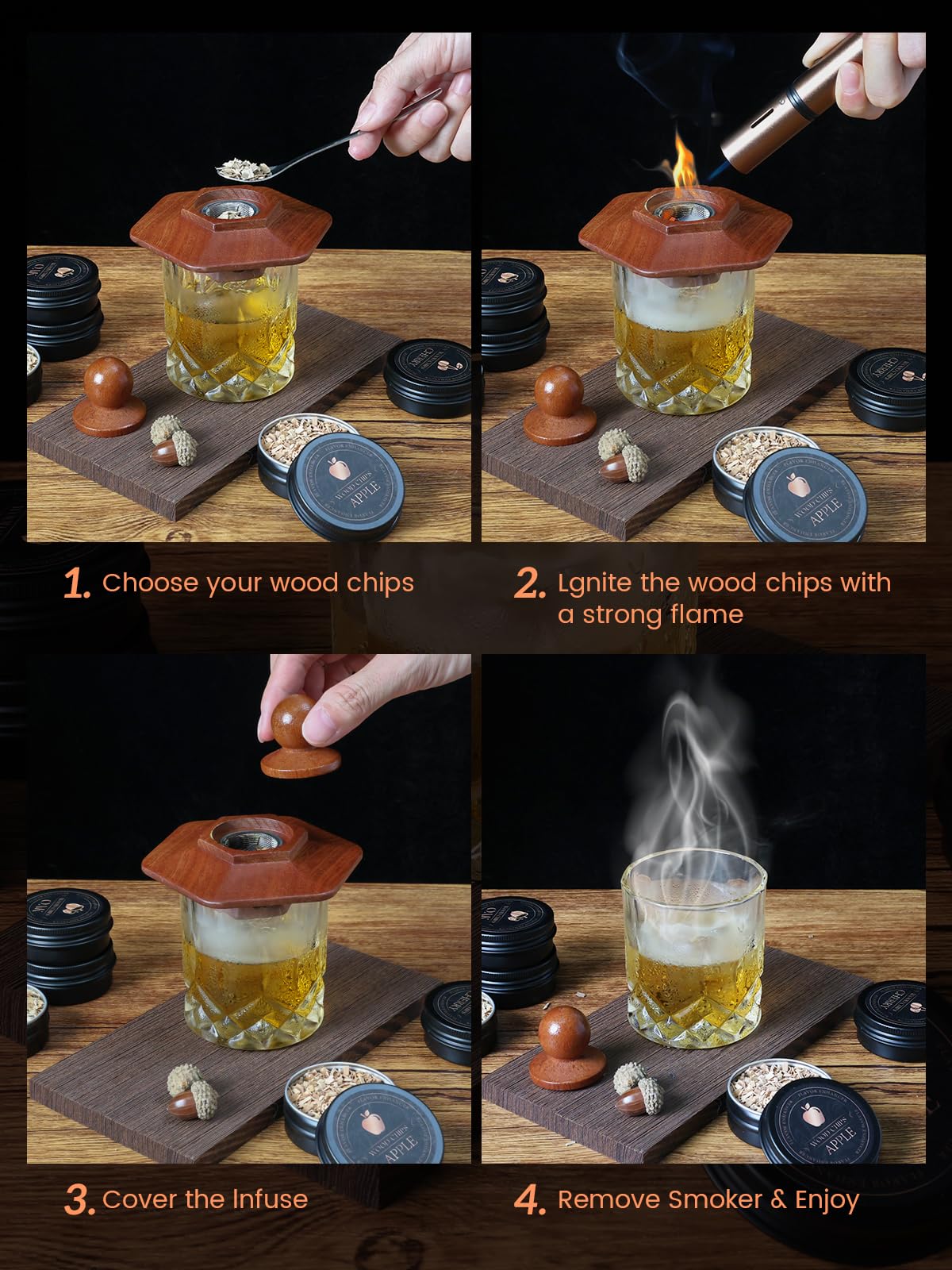 23Pcs Whiskey Cocktail Smoker Kit with Torch, 6 Flavors 12 Packs Wood Chips, Ice Ball Mold, Old Fashioned Drink Smoker, Bourbon Whiskey Gifts for Men, Husband, Dad, Him (No Butane)