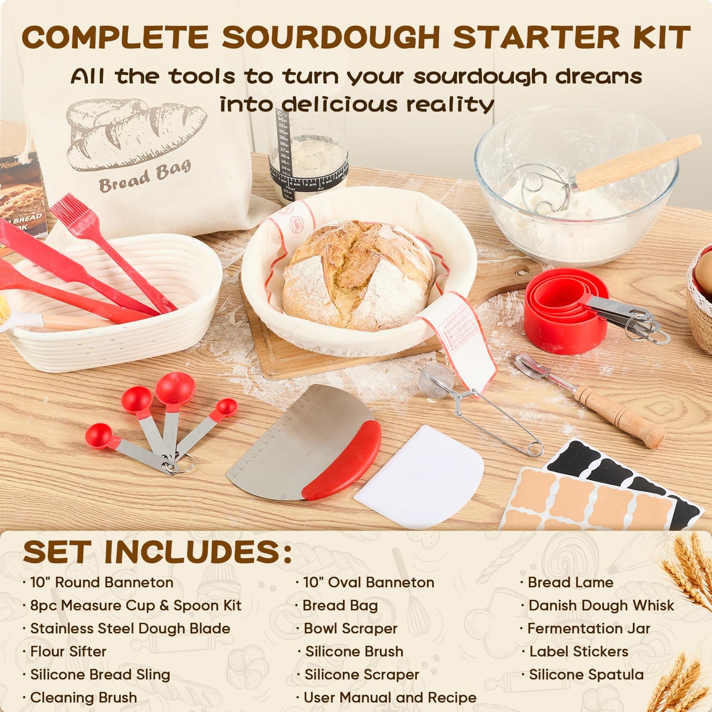 KNEDWRMY Sourdough Starter Kit & Sourdough Bread Baking Supplies-10" Round & Oval Banneton Proofing Baskets, 32 oz Sourdough Starter Glass Jar, Bread Making Tools, for Bread Making/Baking Fermentation