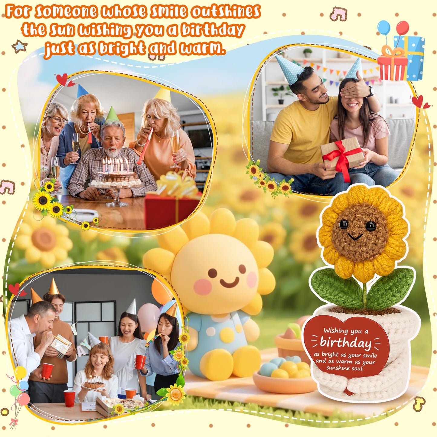 Ovrrcame Crochet Sunflower Plush – Inspirational Funny Happy Birthday Gifts for Women Man, Mom, Sister, Best Friend, Coworker – Unique Gift Ideas for Her, Him, Birthday Decorations/Mothers Day