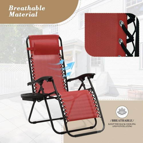 Athena Collection Zero Gravity Lounge Chairs - Set of 2 with Cup Holder | Dark Red Outdoor Recliners