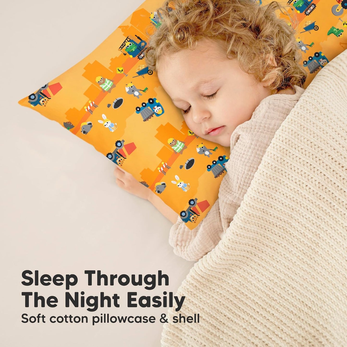 Little Builders Toddler Pillow - Organic Cotton Travel Bed Pillow with Soft, Breathable Case | 13x18 Inches