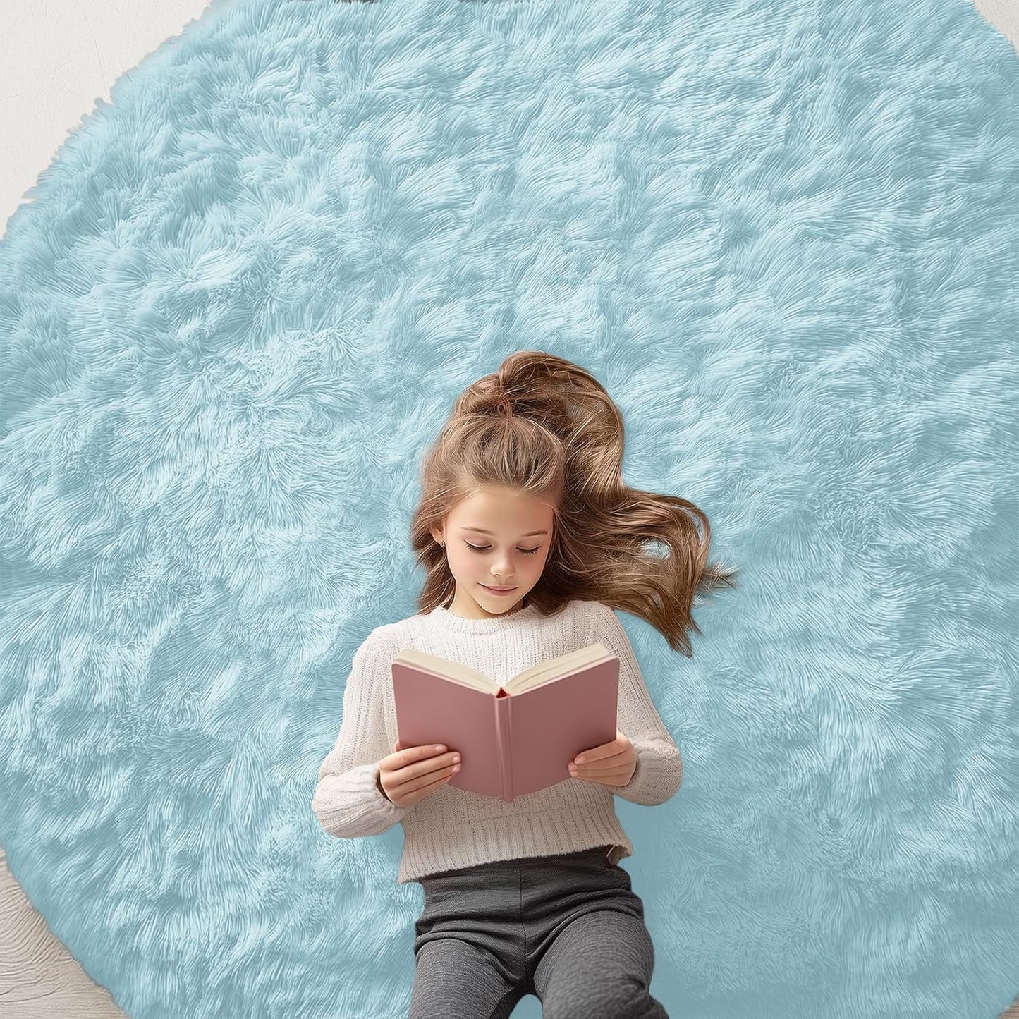 OLANLY Round Light Blue Area Rug - Soft, Fluffy, Machine Washable 6 ft Circle Carpet for Bedroom & Living Room Decor