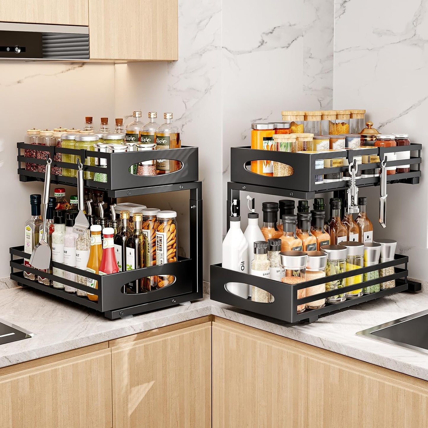 Mixeshop Under Sink Organizer - 2-Tier Adjustable Storage Solution | Slide-Out Metal Cabinet Drawer (Black)