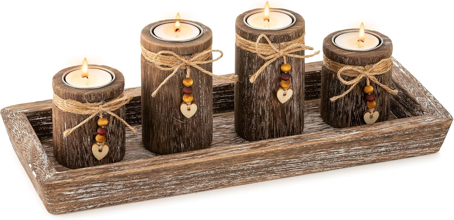 Romadedi Boho Wooden Tray Candle Holder Set - 4 Tealight Holders for Farmhouse Coffee Table Decor